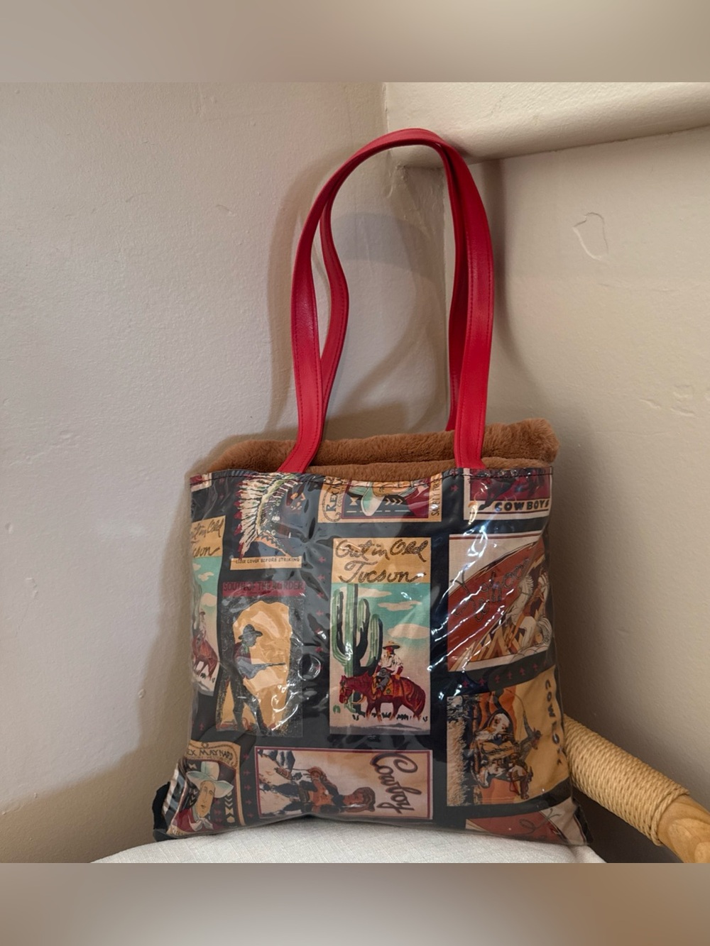 Atenti Women’s Plastic Coated Cowboy Western-Print Tote Bag with Red Handles